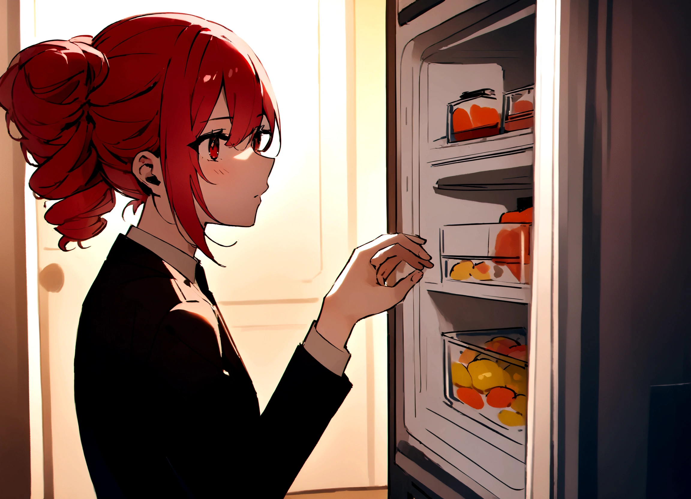 Red hair、Black suit、Open the empty refrigerator at home