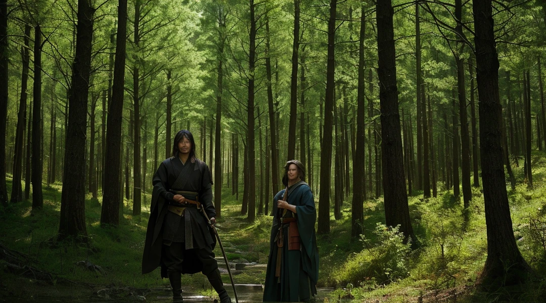 japanese,there is a man holding a sword in the woods, still from a live action movie, still from a fantasy movie, holding a spear, shot from danis villeneuve movie, scene from live action movie, man holding spear, holding spear, film still dnd, film promotional still, award winning cinematic still, film still from the movie, still from the movie the arrival