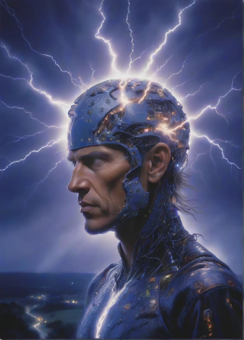 (lightning storm), Circuits intertwine, Mimicking a human brain, Thoughts in silicon, by artist Don Maitz