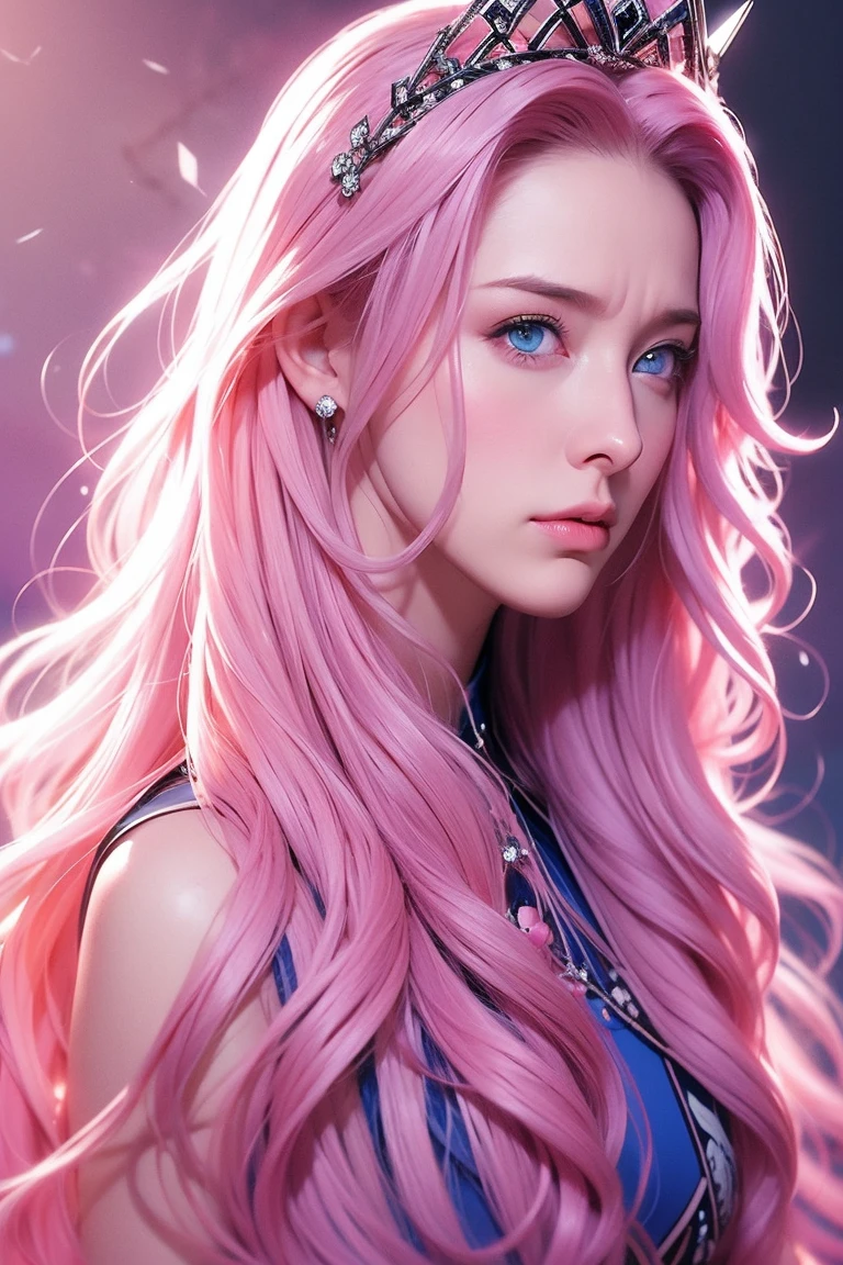 Woman, long wavy hair, pink hair, blue eyes, empress, crown, chin up, thoughtless, serious, serious expression, Authoritarian