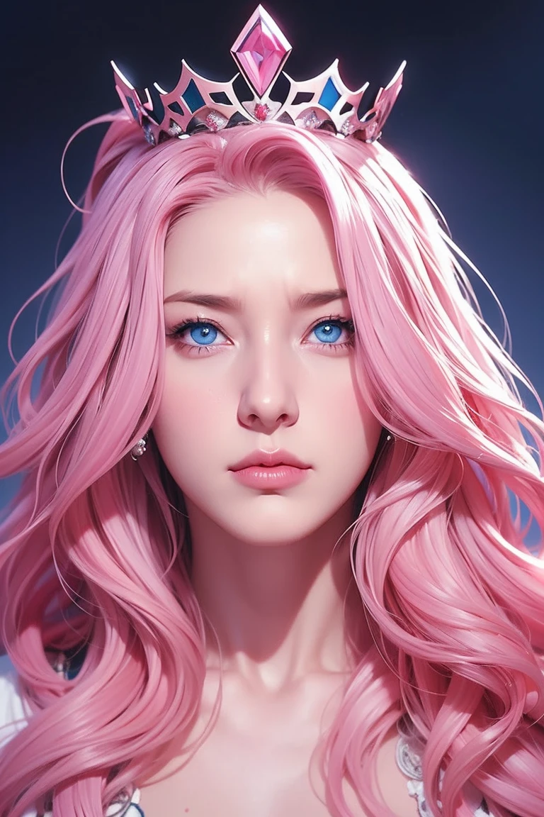 Woman, long wavy hair, pink hair, blue eyes, empress, crown, chin up, thoughtless, serious, serious expression, Authoritarian 