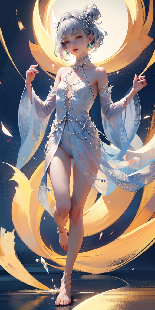 A girl、symmetry,Daughter,whole body 女恋,Put your hands together and bloom,(Very detailed:1.1),((small :1.2))、The eyes are well drawn、Charming eyes、Double tail、Wear jewelry and pearls around your neck,Transparent openwork、Deep V、Crystal Pearls、在Wear jewelry and pearls around your neck,white hair, show your thighs, Bare shoulders, Show clavicle, Yao Liu, barefoot,((whole body))、painful posture