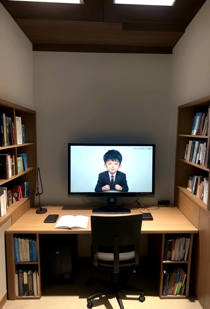 The desk is equipped with a large-screen computer,There are some books next to it.,A boy with a face like a computer is sitting,positive image,I see big eyes
