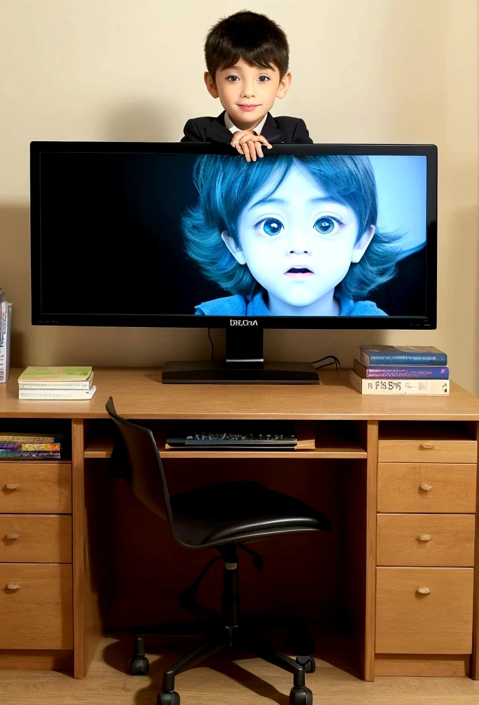 The desk is equipped with a large-screen computer，There are some books next to it.，A boy with a face like a computer is sitting，positive image，I see big eyes