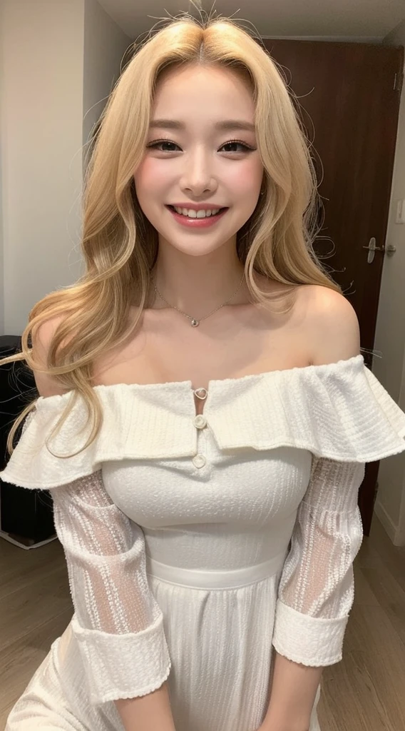 18-year-old female, Long dark blonde wavy hair、A loose summer sweater, Puffy nipples、dark blue pleated miniskirt,Medium Milk, Cute Smile、(lean forward to emphasize the chest)、、Beautiful Necklace、Black high heels、A glimpse of lace panties、A red bra peeking out from her chest、Beautiful thighs、Visible shot of the whole body、On the grass in the park、Squat on your knees、Cute smile with upward glances