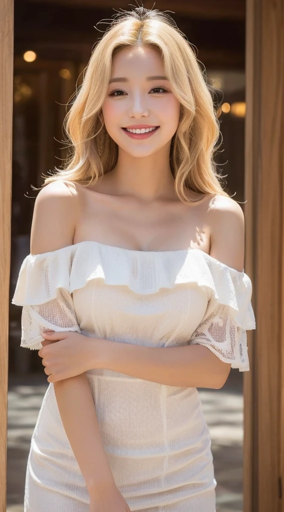 Surreal beautiful woman with blonde wavy hair and a big smile on her face.South Korea.Pure white off-shoulder low-cut dress.role play