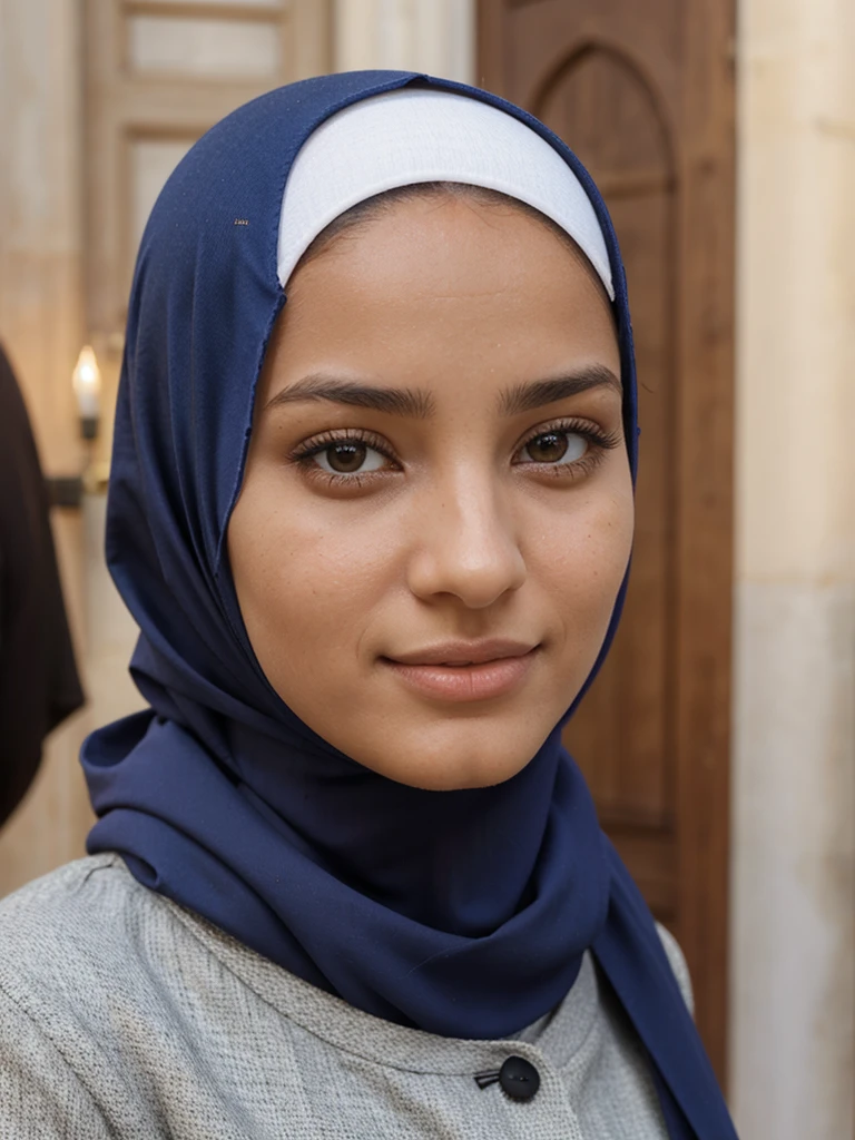 Une jeune femme marocaine et musulmane, aged 26. Elle porte un hijab légitime et un long jilbab. Her skin is tanned . She has hazel and dark brown eyes... Sa longueur est de 158 cm et son poids est de 65 kg. Son nez est button . Elle a deux grains de beauté : une libertine à gauche et une croqueuse à droite