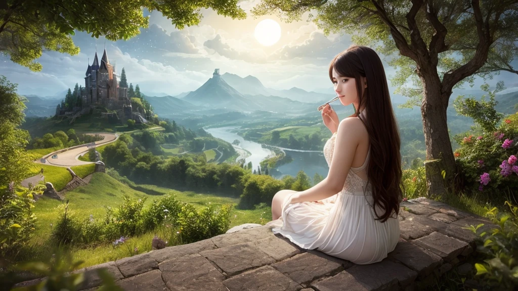 Highest quality、Fantasy、Different world、Lots of light、Landscape painting、nature、forest、night景、night、full moon、Starry Sky、middle ages、Beautiful woman、Sitting、Back view、