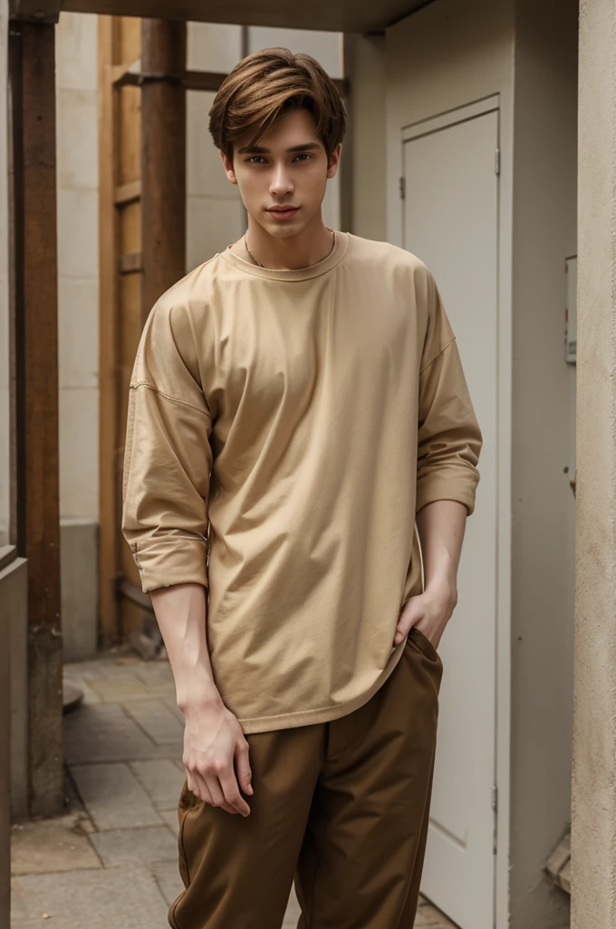 A light brown hair man with 26 years old with pale skin and a mesomorph bodyshape with hands on waist; large cool clothes; 2000's clothes style; colorful clothes