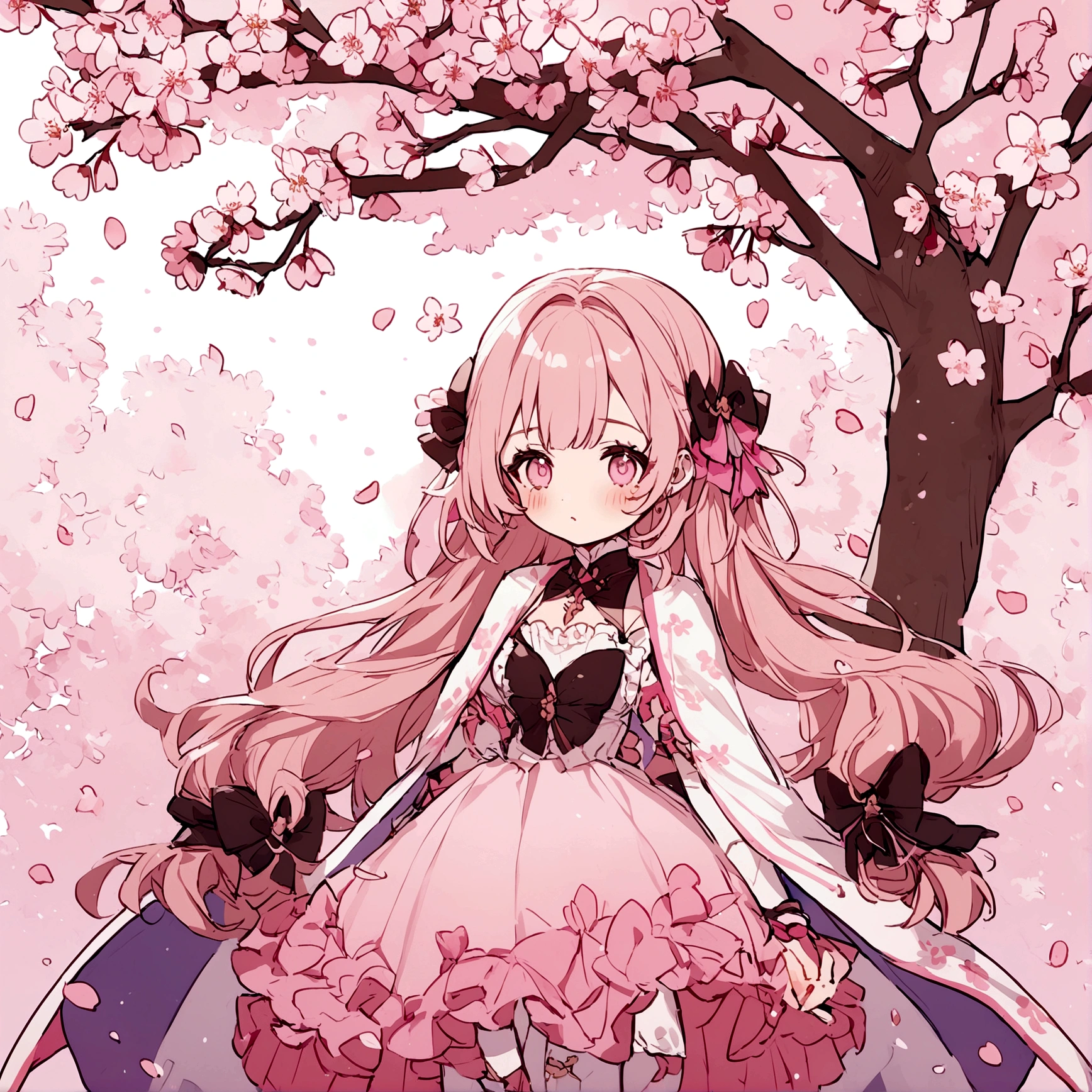 Pink mercy from overwatch surrounded by cherry blossoms