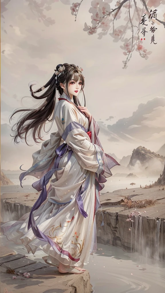 The painting shows a woman in a long dress standing on the edge of a cliff, Long flowing hair and robes, Beautiful character painting, author曾静, author:Yang J, palace , Girl wearing Hanfu, Gu Weiss, Gu Weiss on pixiv artstation, artwork in the style of Gu Weiss, Gu Weiss on artstation pixiv, flowing white robe