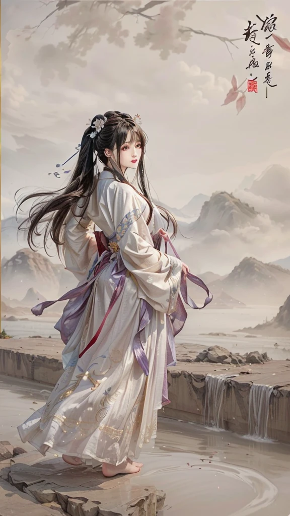The painting shows a woman in a long dress standing on the edge of a cliff, Long flowing hair and robes, Beautiful character painting, author曾静, author:Yang J, palace , Girl wearing Hanfu, Gu Weiss, Gu Weiss on pixiv artstation, artwork in the style of Gu Weiss, Gu Weiss on artstation pixiv, flowing white robe