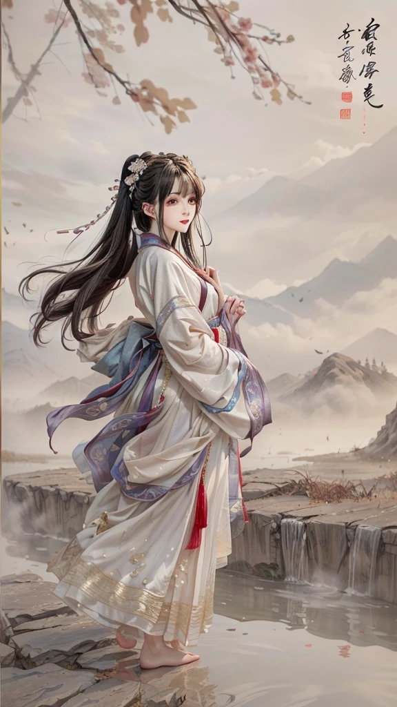 The painting shows a woman in a long dress standing on the edge of a cliff, Long flowing hair and robes, Beautiful character painting, author曾静, author:Yang J, palace , Girl wearing Hanfu, Gu Weiss, Gu Weiss on pixiv artstation, artwork in the style of Gu Weiss, Gu Weiss on artstation pixiv, flowing white robe