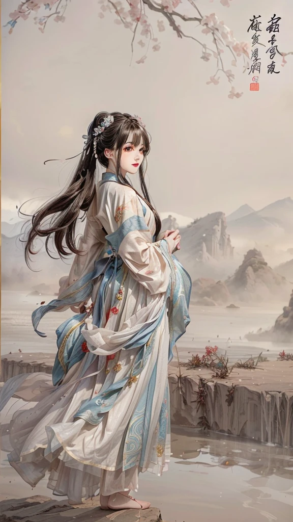 The painting shows a woman in a long dress standing on the edge of a cliff, Long flowing hair and robes, Beautiful character painting, author曾静, author:Yang J, palace , Girl wearing Hanfu, Gu Weiss, Gu Weiss on pixiv artstation, artwork in the style of Gu Weiss, Gu Weiss on artstation pixiv, flowing white robe