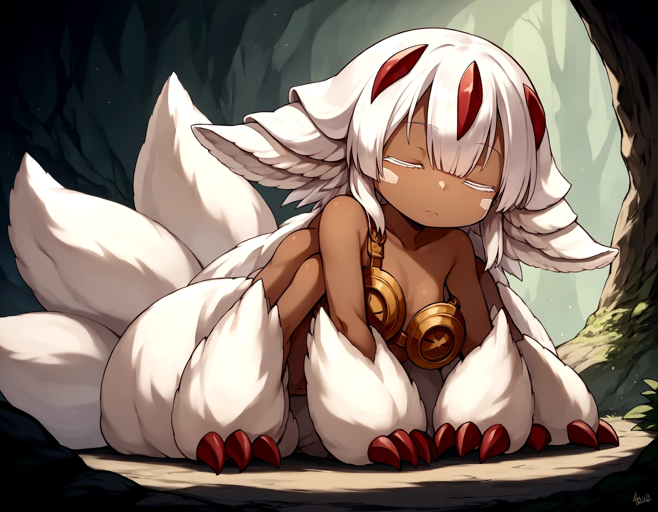 (score_9, score_8_up), score_7_up, score_6_up,masterpiece,hd,best quality, source_anime,rating_safe, female\(Faputa\(made in abyss\),chibi,dark skin,dark-skinned girl,white hair,short hair,(4arms:1.3),red claws,multiple tails,yellow eyes,white fur,animal ears,metal bra with no strap,age of 8,,sleeping,she is the princess of abyss,open stomach,\) is Curled up and sleeping, BREAK ,background\(magnificent spectacle nature,strange flowers\), BREAK ,quality\(8k,wallpaper of extremely detailed CG unit, ​masterpiece,hight resolution,top-quality,top-quality real texture skin,hyper realisitic,increase the resolution,RAW photos,best qualtiy,highly detailed,the wallpaper,cinematic lighting,ray trace,golden ratio\),[nsfw:2.0],dynamic angle,