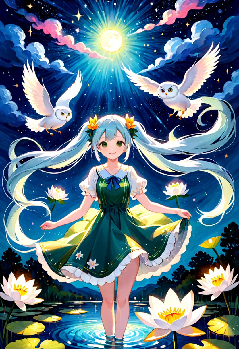 Light blue long hair,beautiful girl with twin tails、water.Vivid water lilies(many, Impressionism, Oil)、Green dress、Bright smile、masterpiece、Moonlit Night、shooting star、milky way、A white owl is flying in the sky、Shining scallops are dancing