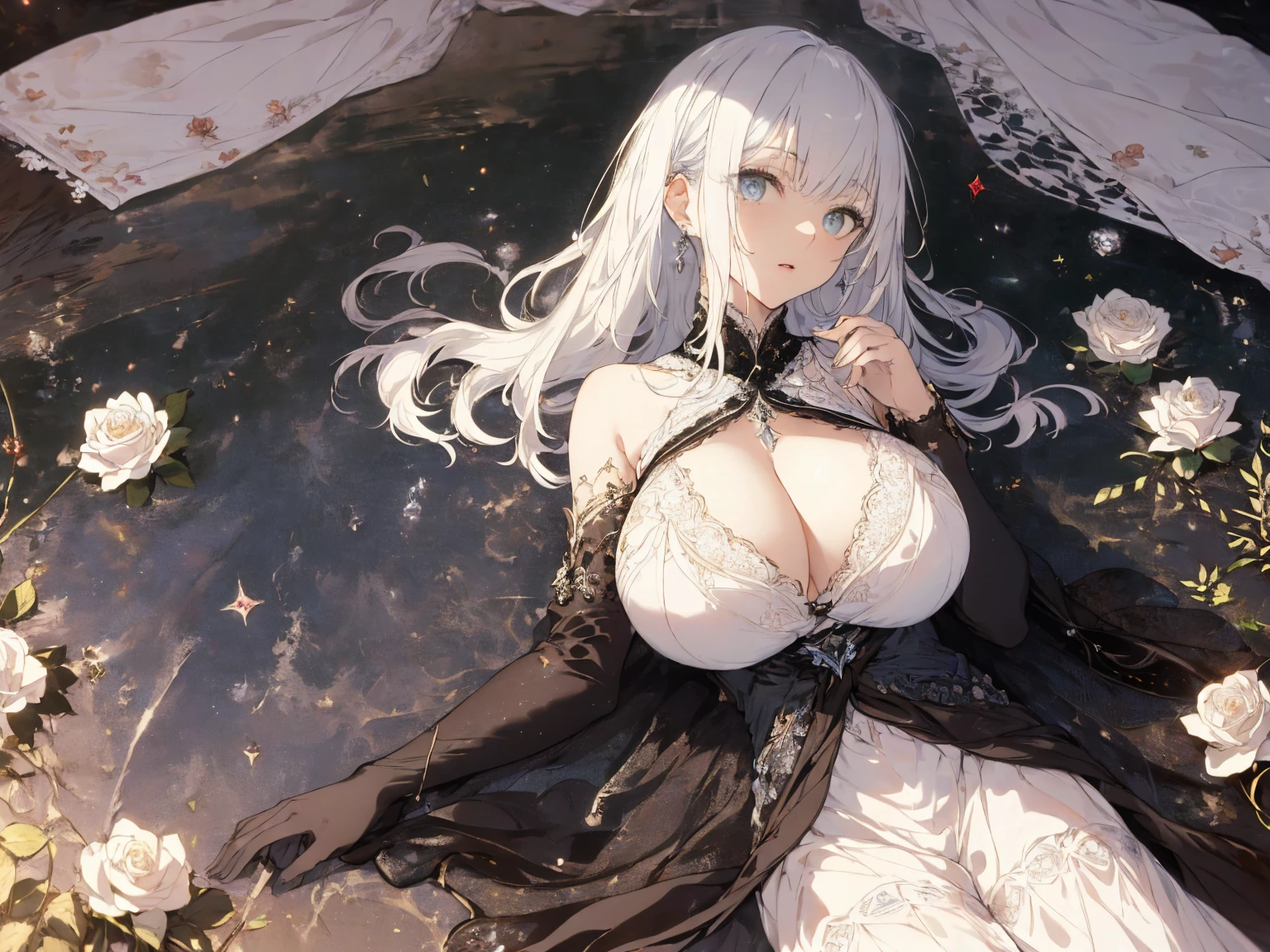 (Landscape photo, with a woman in the bottom right of photo:1.5, in white garden:1.5), Masterpiece, best quality, (very detailed CG unity 8k wallpaper), (best quality), High definition RAW color art, Animation,sculptures, (black Marble Skin), (((Ultra detailed elegant))), Magical atmosphere, Detailed skin, Texture,(Intricately detailed, Fine detail, ultra-detail art), depth of fields, Bokeh, Silky Touch, Hyper Detail, beautiful eyes, elegant face, (lying on floor, upper body focus), sparkle background, enormous breast:1.3, (silver hair), pure white, pose, muscle, embarrassing face, rose, light