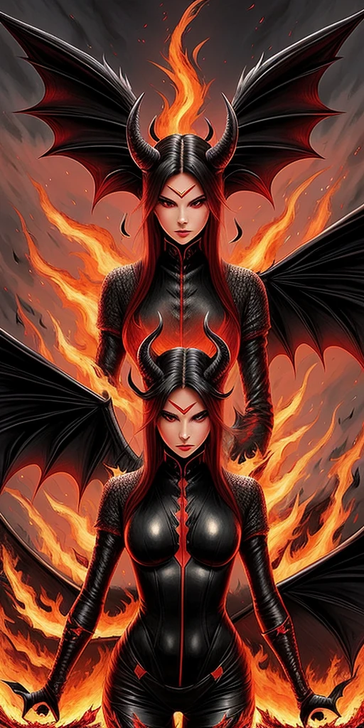 dragon girl Dressed in black and red, with long, slender ears, and on his head with two horns, he was spreading his wings, looking formidable and fierce. There are flames all around. 
