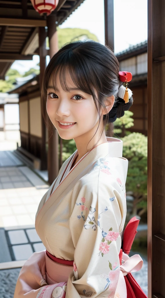 professional lighting,(Photoreal:1.4), (Top image quality:1.0), (超A high resolution:1.0), 8k, Raw photography、(highest quality Detail:1.2)、realistic、8k UHD、High resolution、(1 girl:1.2)、超be familiar withな、High quality textures、intricate details、be familiar with、Very be familiar with CG、High quality shadows、be familiar with beautiful and delicate face、Beautiful details and delicate eyes、(symmetrical eyes:1.2),written boundary depth、ray tracing,1 girl, japanese girl, (natural smile:1.4),cute, thin, Portrait of a beautiful Japanese woman wearing a kimono, Standing elegantly on a street corner in Kyoto. Kimono with bright traditional patterns, Hair decorated with elegant and delicate hairpins, and a gentle expression. (Against the backdrop of the old streets of Kyoto:1.4)、soft light on a spring afternoon、adds tranquility to the scene. Rendered in a realistic style with great attention to detail, High resolution images.sky porn, magic hour, (realistic:1.3), finely, quality, (table top:1.2), (realistic:1.2), (highest quality), (be familiar with), dramatic, ray tracing, photograph, +roller,