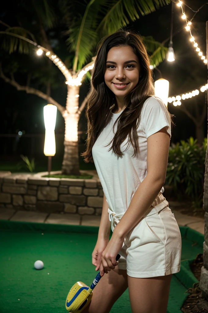 A photorealistic portrait of a 21-year-old Colombian girl with long, flowing dark hair and striking dark eyes. She should have a cheerful, playful expression and be illuminated by the colorful lights of a mini golf course at night. The background should depict a fun and vibrant mini golf venue with neon lights, glowing obstacles, and a lively atmosphere. She is in the midst of a game, holding a putter and smiling as she lines up her shot. The scene captures the excitement and enjoyment of a nighttime activity with friends, under the enchanting glow of the mini golf course. Capture this moment with a high-resolution photograph using an 85mm lens to highlight the dynamic lighting and her animated participation in the game.
