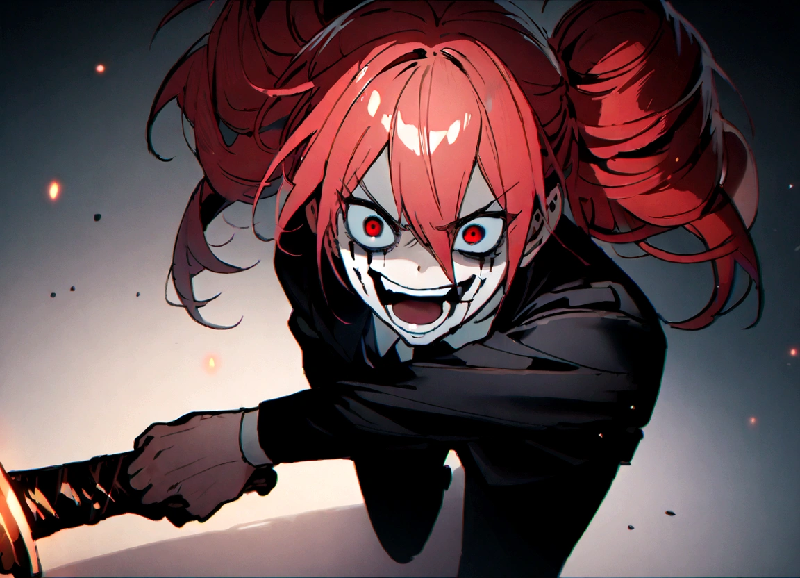 Red hair、Black suit、Black slacks、Wearing leather shoes、Holding a sword、Scary face