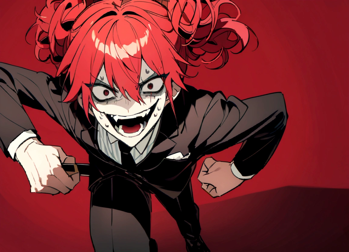 Red hair、Black suit、Black slacks、Wearing leather shoes、Holding a sword、Scary face