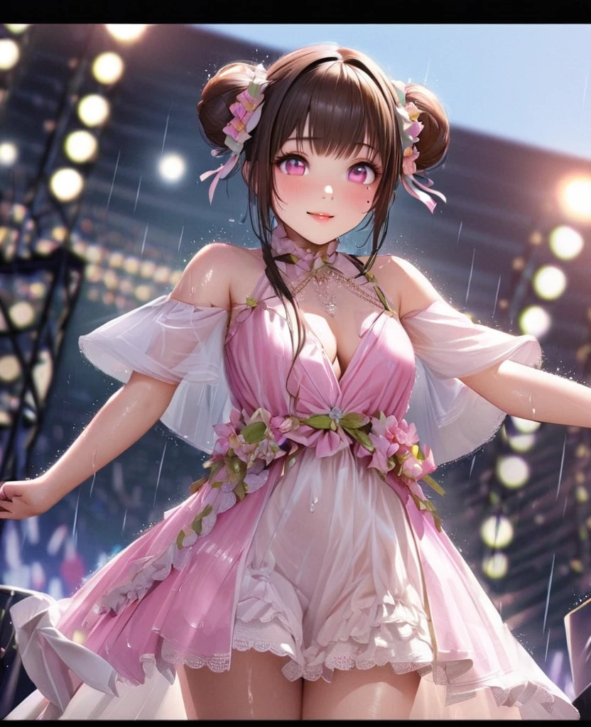 One Girl、Looking at the audience、lovely,
Beautiful pink eyes、Two brown double hair buns , Mole under the eye、Plump and glossy lips、Heart-shaped choca、Idol、Her name is Rico,smile、ー、。.。.。.。.。.。.。.。.。.。.。.。.。.。.。.。.。.。.3D、Realistic、
The idol's costume was soaked in the heavy rain, and her chest was wet and transparent.Heavy rain at outdoor concert, Drape clothes、gem、The decoration has been removed、Floral、Lace trim,On a glittering stage、
masterpiece、highest quality、8k、Detailed skin texture、Detailed cloth texture、Beautifully detailed face、Intricate details、Very detailed、
超A high resolution、8k Ultra HD、Film Grain、Best Shadow、delicate、Gazing at the audience、front