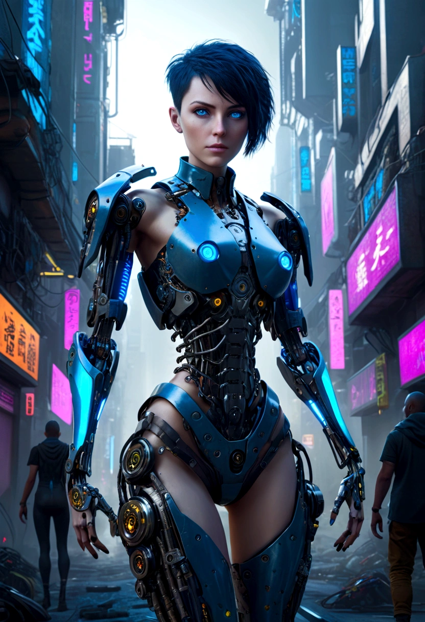 a beautiful cyberpunk cyborg woman, blue eyes, short hair, human body, mechanical legs, mechanical arms, in a furistic city, 8k ultra detailed and realistic