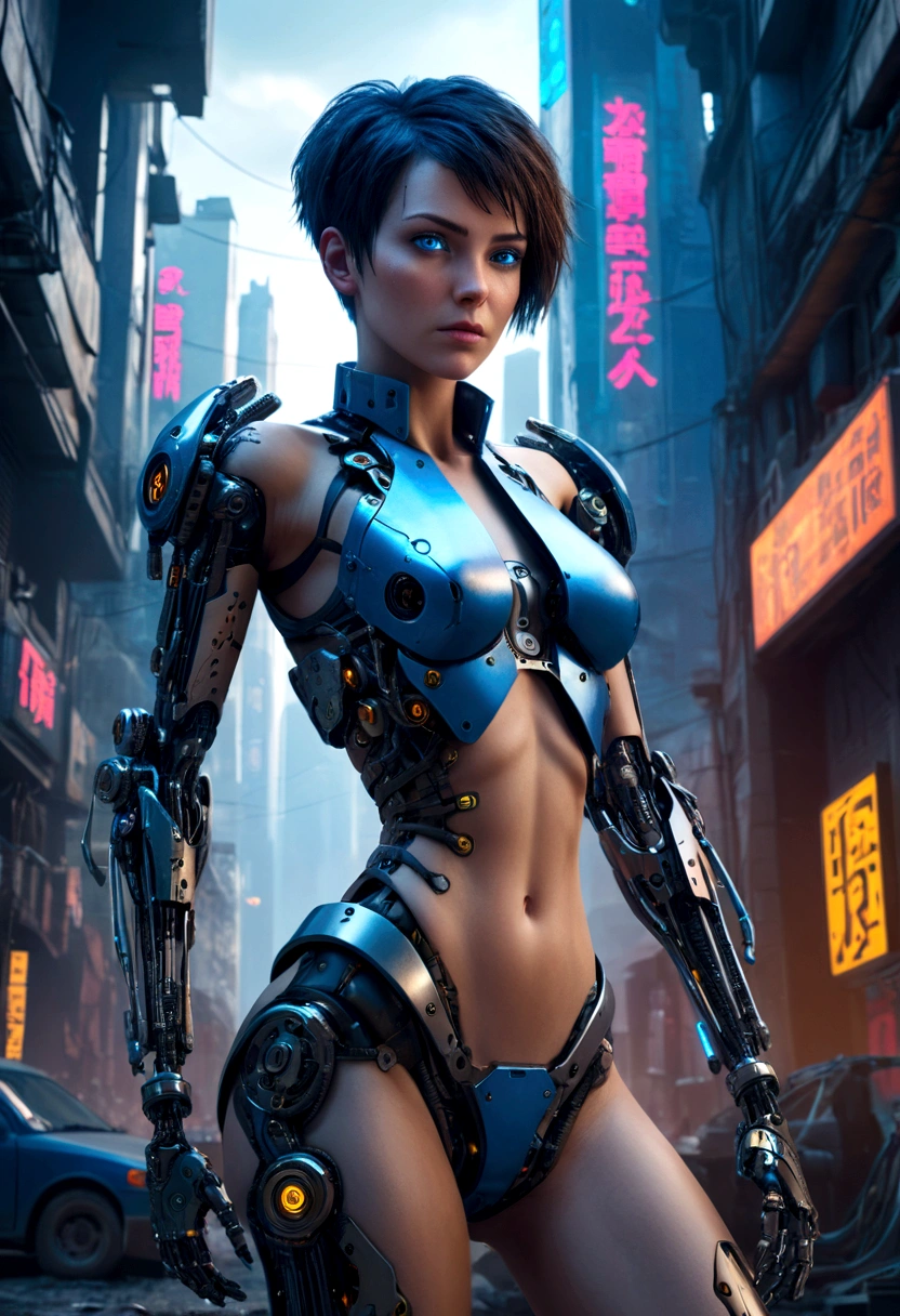 a beautiful cyberpunk cyborg woman, blue eyes, short hair, human body, mechanical legs, mechanical arms, in a furistic city, 8k ultra detailed and realistic
