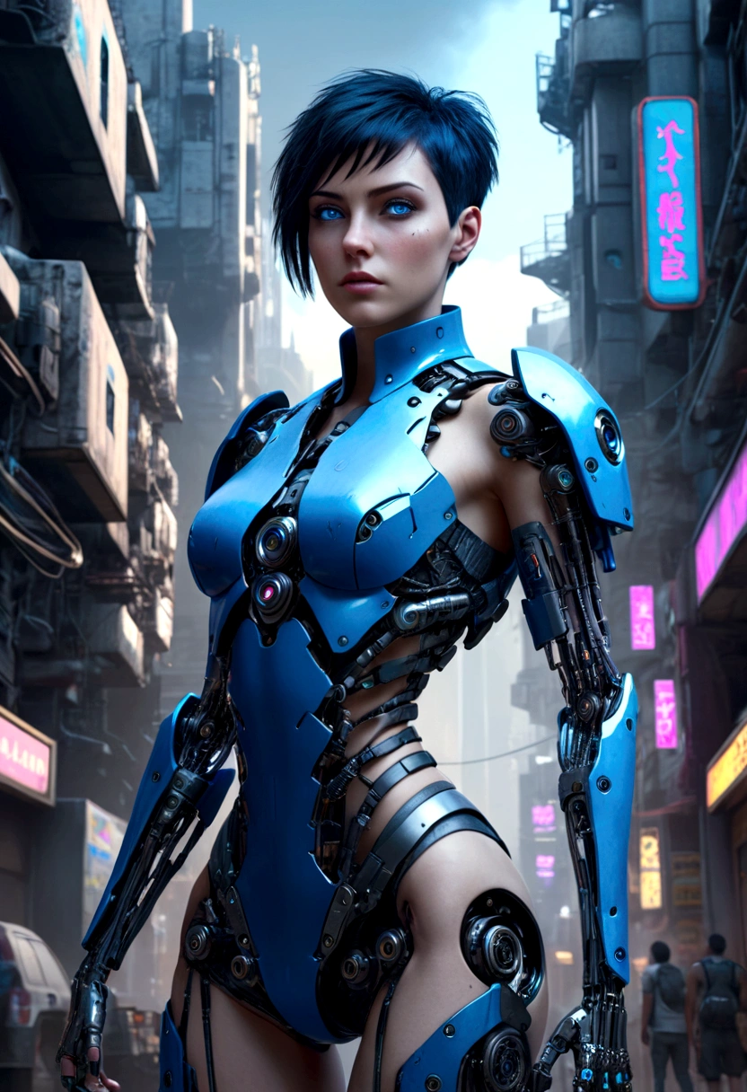 a beautiful cyberpunk cyborg woman, blue eyes, short hair, human body, mechanical legs, mechanical arms, in a furistic city, 8k ultra detailed and realistic