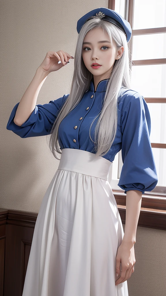 Highest quality、Highest quality、16k quality、Highly detailed figure、Highly detailed face、Highly detailed eyes、Highly detailed nose、Highly detailed facial expressions、Highly detailed costume、Highly detailed hourglass shape、Highly detailed feet、Highly detailed thighs、Being in reality、16-year-old girl、Light blue hair、Twin tails、Noel Silva、main character、、He wears a long white chemist's lab coat, unbuttoned、You can see the shape of the chest、E Cup、Wearing a brown belt、Purple inner lining is visible、Folds、Purple Very Short Skirt、A long white skirt on top、Only the front is cut、White tights、Close to the skin、Tight、Full body photo、Are standing、Emphasizes the beauty of thigh muscles、Full body photo、Front view、