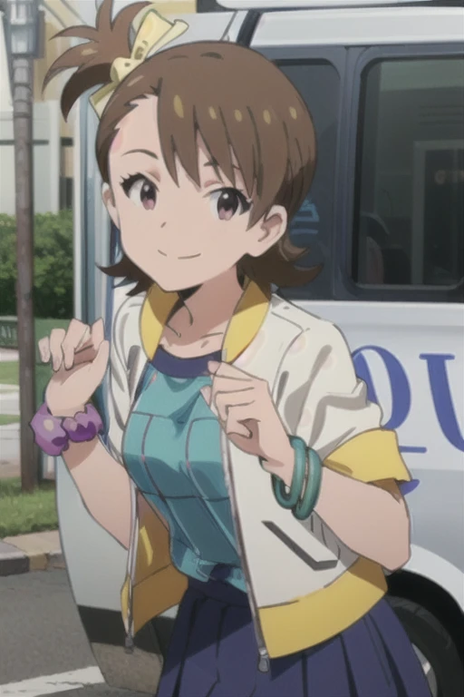 (((pixel-perfect, detail-perfect))), solo, 1girl, ami futami, shirt white, jacket blue, open jacket, skirt, skirt yellow, bracelet, jewelry, looking at viewer, smile
