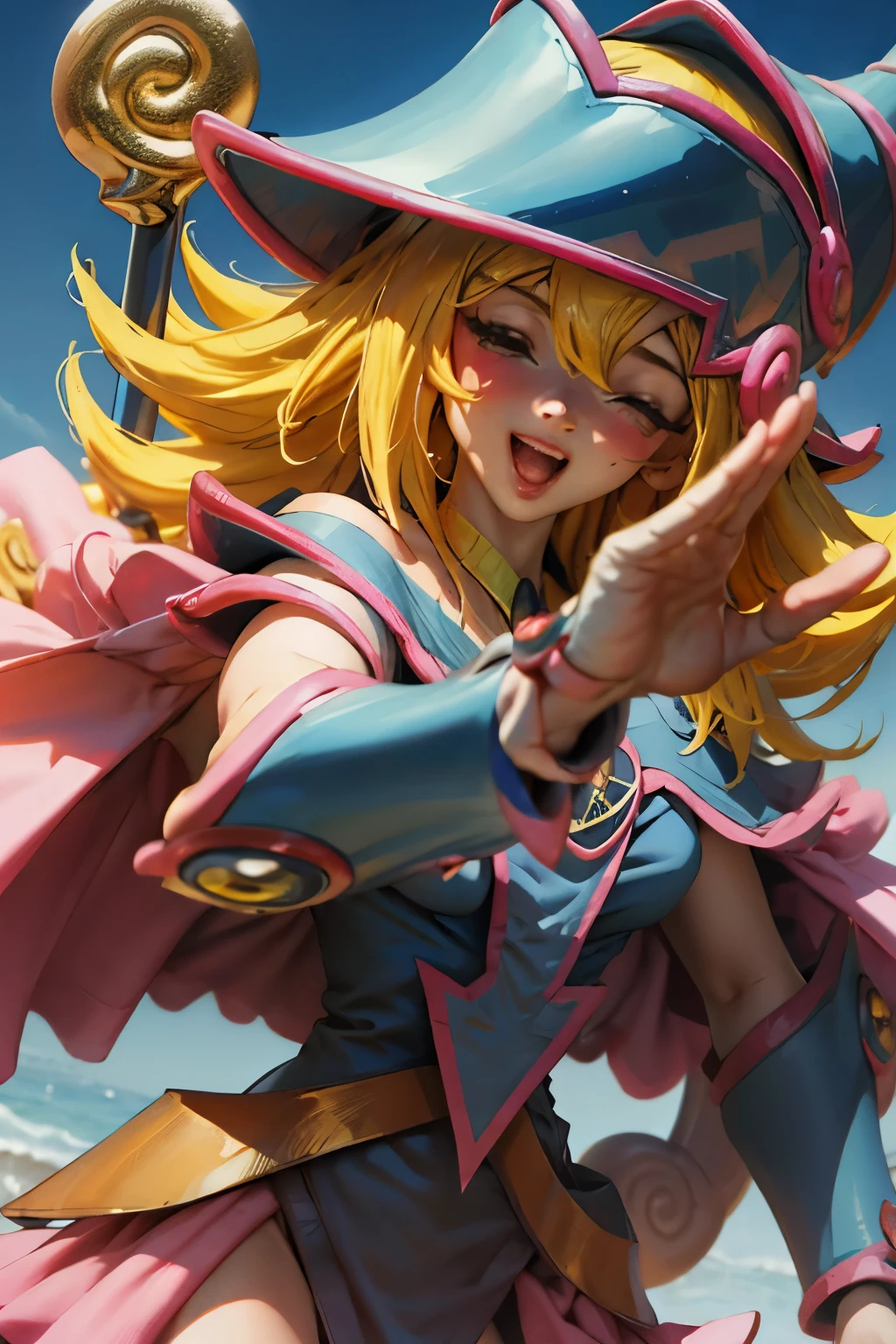 Hermoso rostro de dark magician gils, ojos azules. Labios rosados. Cabello rubio y largo. Ombros descubiertos, sonrisa angelical, hermoso rostro bien detallados de dark magician gils. With his hands he makes the sign of love and peace. His hands make a sign of peace and love.