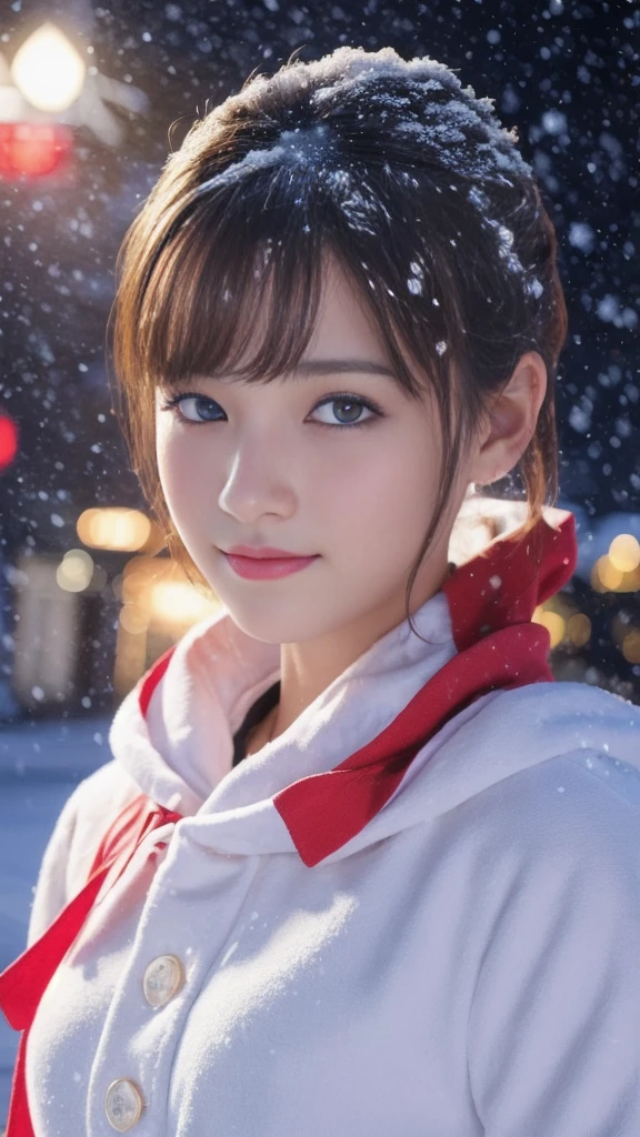 1girl, (santa claus costume:1.5), symmetry,(beautiful cute ultra young girl:2.0), (slender figure:2.0), (ultra short hair:1.75), ultra big smile, (Beautiful large round droped detailed eyes:1.5), beautiful detailed lips, (extremely detailed beautiful face, natural makeup, Incredibly beautiful skin:1.5), (best quality,4k,8k,highres,masterpiece:1.75),(ultra-detailed,realistic,photorealistic,photo-realistic:2.0),professional,vivid colors,studio lighting,(snowing night town,christmas eve:1.25)