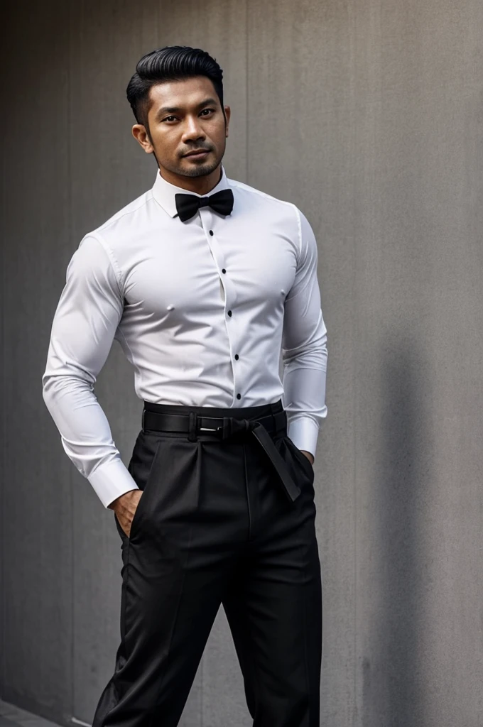 a handsome,muscular,masculine, 35 year old malay malaysian man named Arman with a black side part dressed in a white fabric rolled up long sleeve collared shirt with a black tie and a pair of grey cotton pants with a black belt from the 1970’s Malaysia