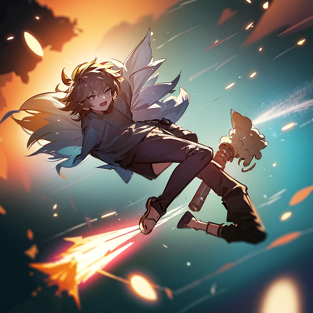 anime boy floating in space, casting a blaster, angry, magical scenemy