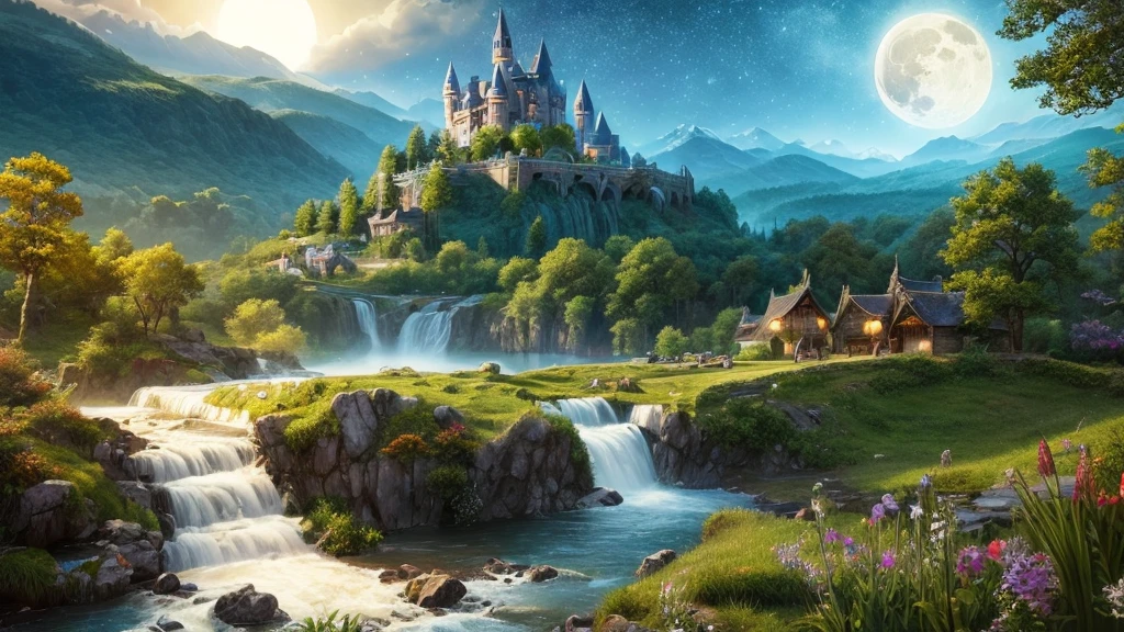 Highest quality、Fantasy、Different world、Lots of light、Landscape painting、nature、forest、night景、night、full moon、Starry Sky、middle ages、