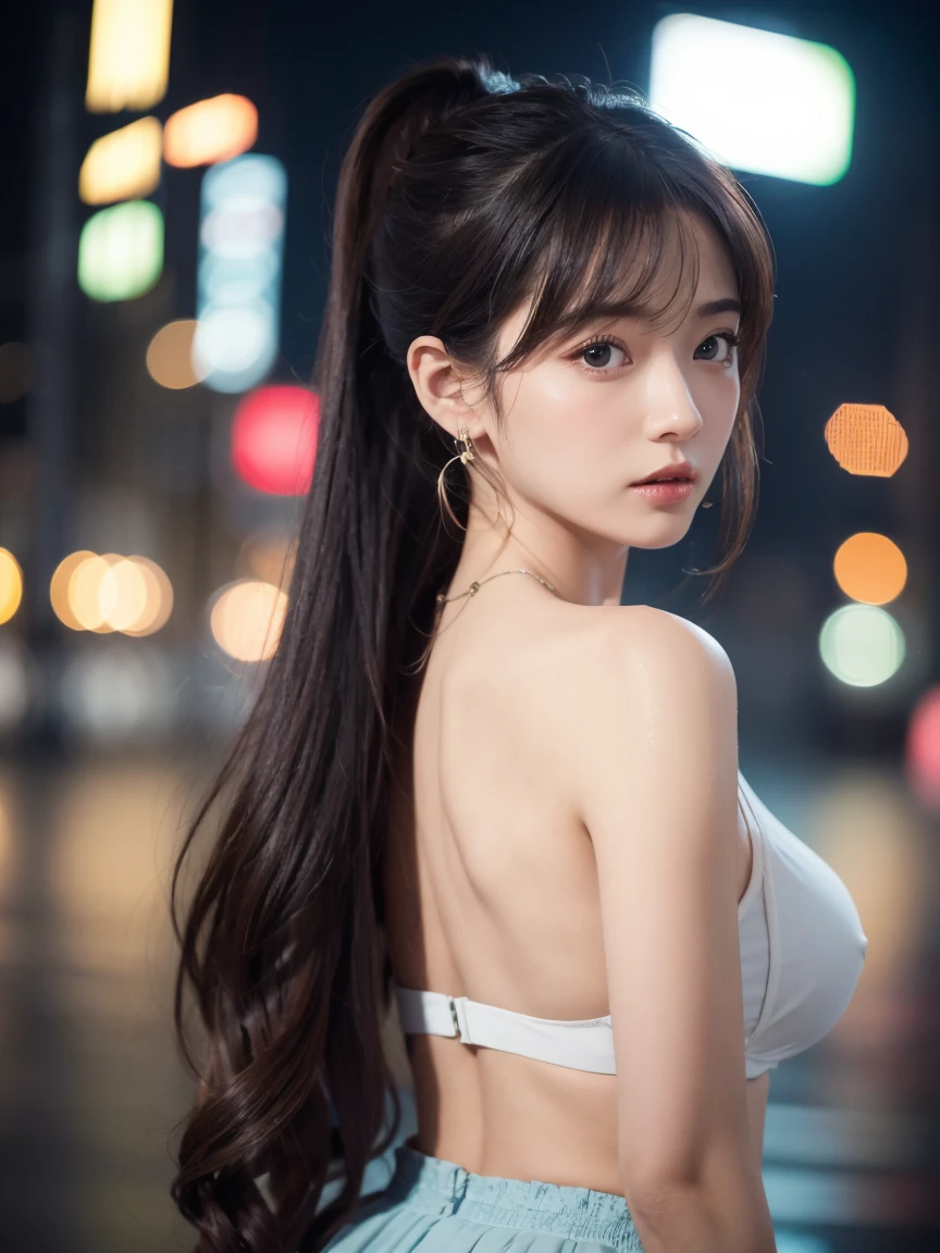 Turbulent situation、（Extremely exquisite and beautiful work）、（masterpiece）、1 Girl、Girl in a skirt、High Detail、Waist leakage、Ponytail Transformation、Attractive appearance、Beautiful clear eyes、blue eyes、Exquisite necklace、Delicate earrings、Fairy ears、simple background blur、Super Fine描绘、Beautiful feces、Tempting、Super Fine、Delicate face、Delicate figure、Thin collarbone、Lovely lips、Beautiful breasts、soft back、Mix 4、(8K、Original Photography、Top quality) 、masterpiece:1.2)、(Realist、Photorealistic:1.37)、1 girl、Cute little、city View、night、rain、wet、Professional lighting、Photon Mapping、Radio City、Physically Based Rendering、whole body、Random hair color、