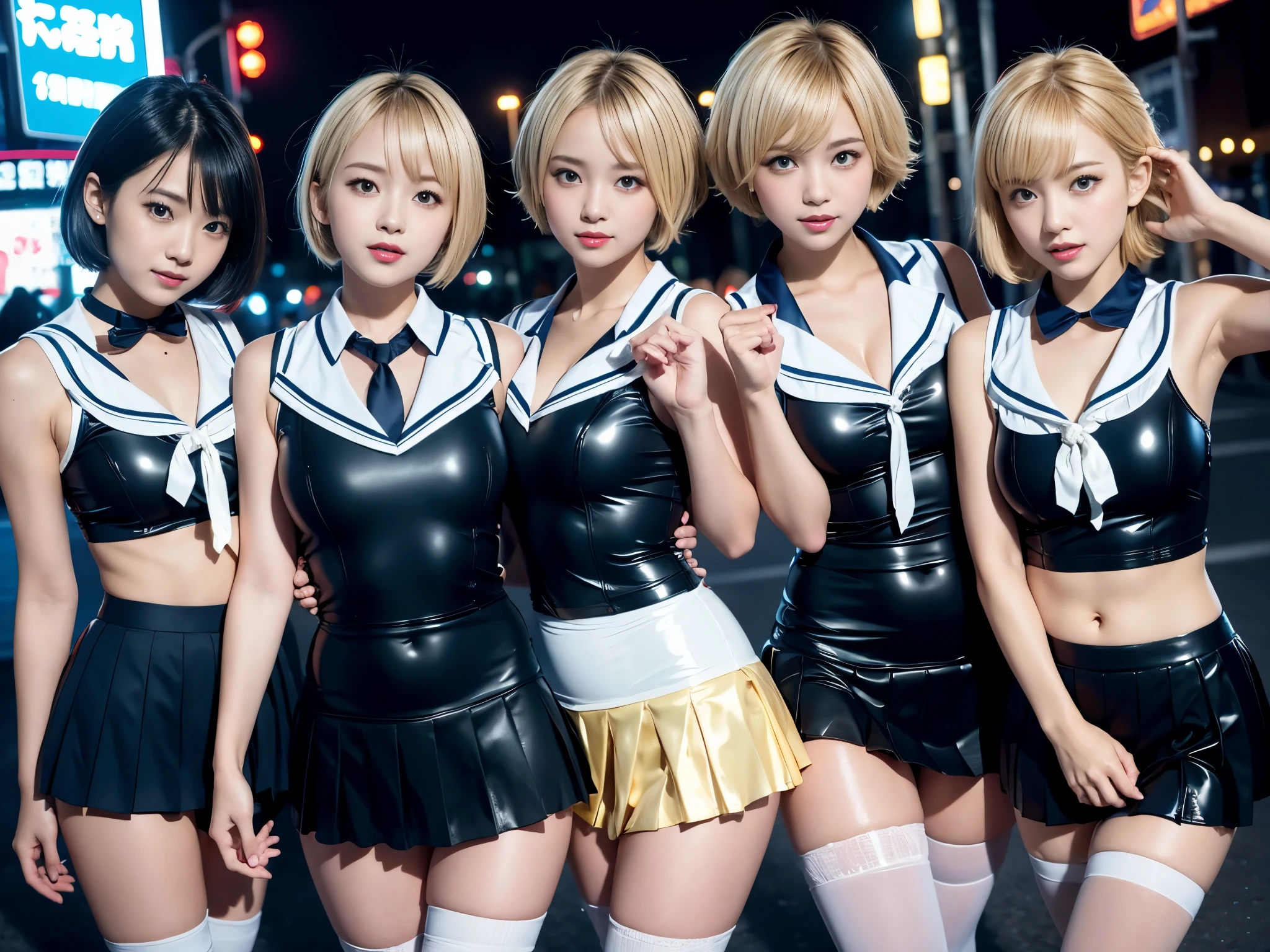 8K resolution, surreal, Super detailed, high quality, perfect anatomy, jammed, 5 women, group shot, smiling, cute face, Phenomenally cute, perfect proportion, full body, (Japanese high school girl uniform, satin and latex uniform, sleeveless, summer, sailor collar, shiny school swimsuit, short pleated skirt)+++, navel, sheer stocking, night neon street background, (bleached short gold hair)+++, large breasts, invite you inside, eyes of temptation, looking at viewer, inviting eyes, idol