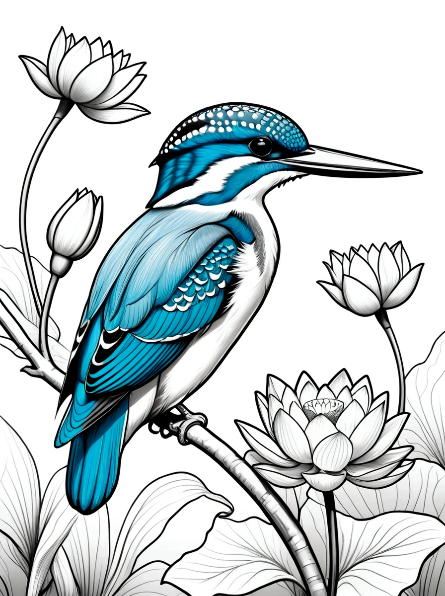 As a coloring book. White background, black and white, line drawing. No coloring. Borders should be simple, clear, distinct, and thick lines. By Cartoon style of kingfisher, sharp beak, riverbank, lotus flowers.