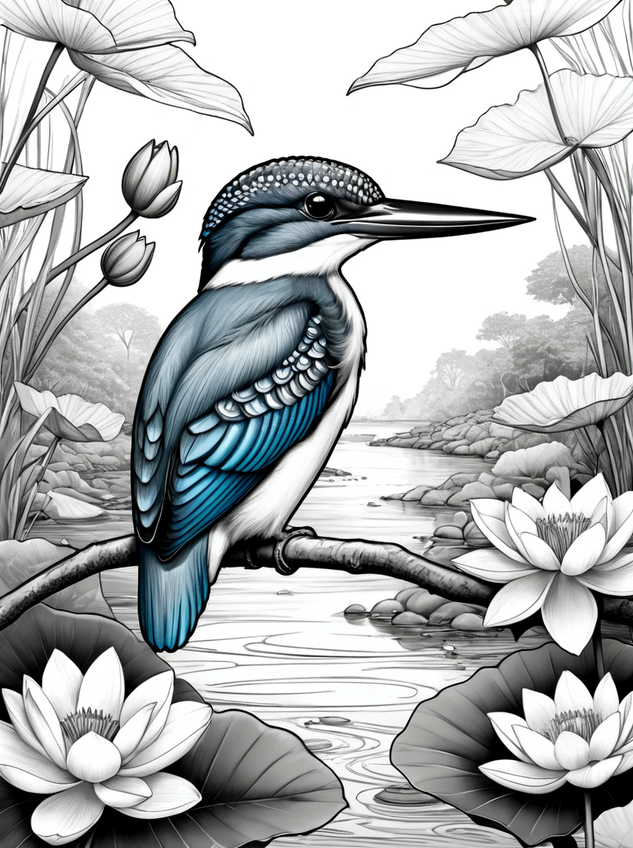 As a coloring book. White background, black and white, line drawing. No coloring. Borders should be simple, clear, distinct, and thick lines. By Cartoon style of kingfisher, sharp beak, riverbank, lotus flowers.