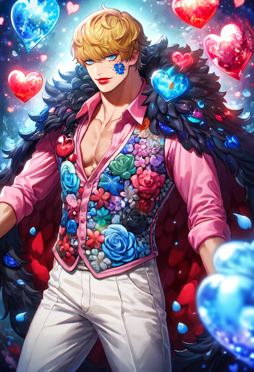 Ultra detailed, highres, absurdres, HDR, master piece, Donquixote Rosinante Corazon, blond hair, expressive blue eyes, red lips, pink shirt with red hearts patters, black fur cape, One Piece, fantasy, blue petals, blue flowers, handsome, sexy man, solo, magical, shining blue fireflies, best quality, extremely detailed face and eyes, water, white pants