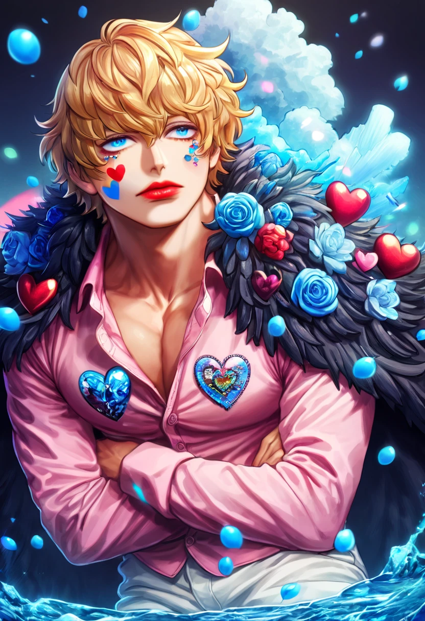 Ultra detailed, highres, absurdres, HDR, master piece, Donquixote Rosinante Corazon, blond hair, expressive blue eyes, red lips, pink shirt with red hearts patters, black fur cape, One Piece, fantasy, blue petals, blue flowers, handsome, sexy man, solo, magical, shining blue fireflies, best quality, extremely detailed face and eyes, water, white pants