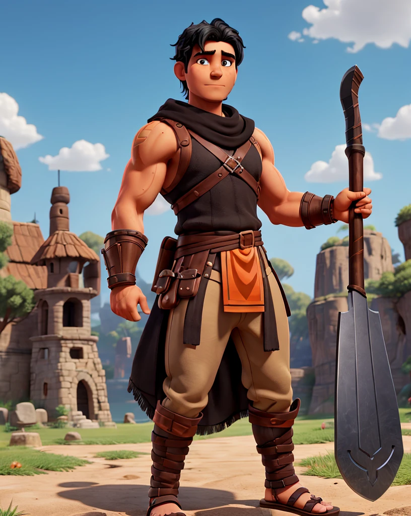 Man with black hair, brown eyes and fair skin, wearing orange barbarian tunic and black trousers, gauntlets and sandals, weilding axe, fullbody, medieval background, muscular