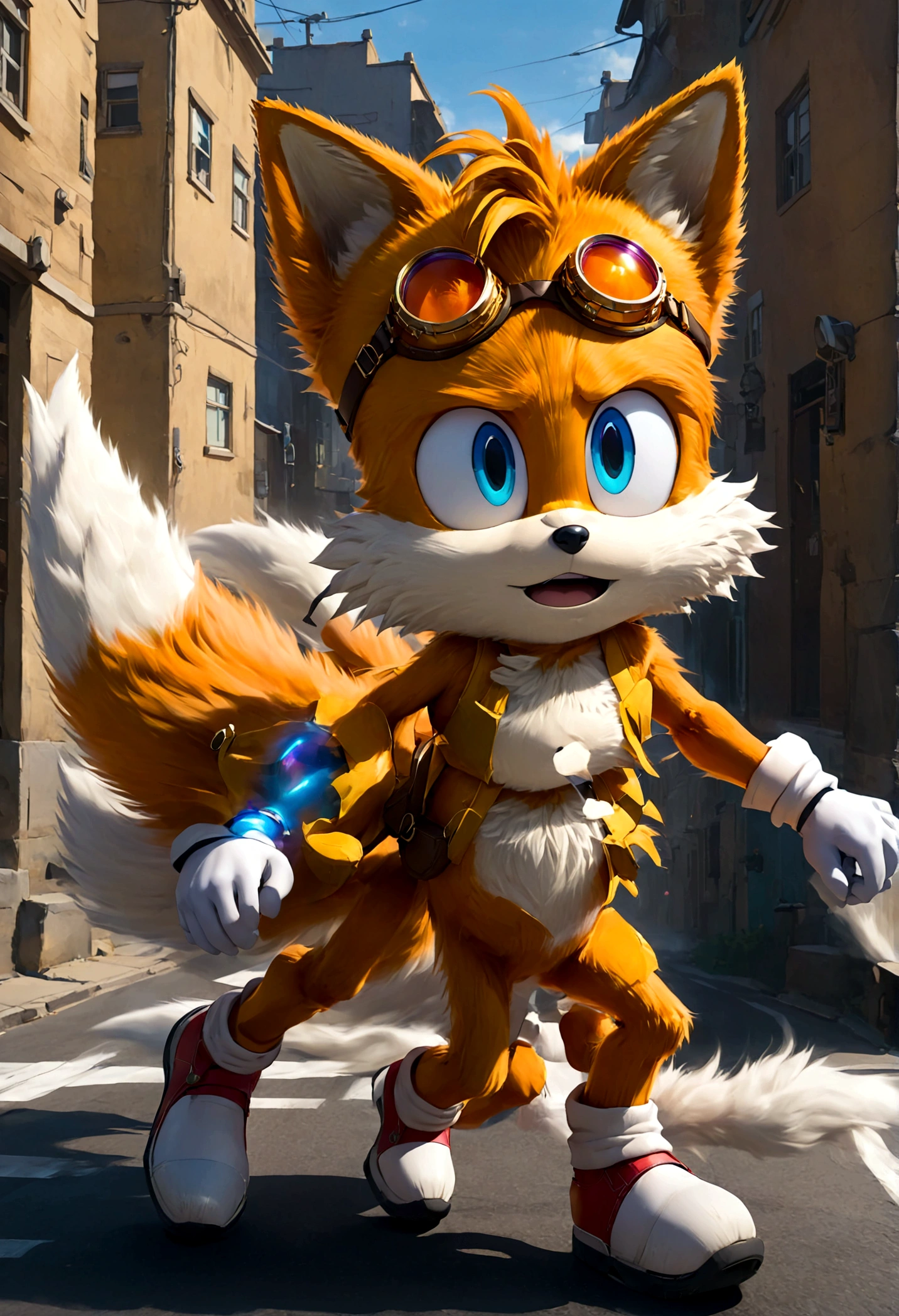 1boy, tails_boom, blue eyes, gloves, animal ears, male focus, white gloves, fox ears, goggles, multiple tails, furry, goggles on, furry male, animal nose, fox boy, streets, town, road, solo, Running readiness, Running towards the viewer, Motion Blur, action-lines, speed-lines, anime screenshot, source_anime, dramatic composition, cinematic dynamic action scene, vibrant colors, cinematic lighting, dramatic lighting, best quality, masterpiece, very aesthetic, perfect composition, intricate details, ultra-detailed