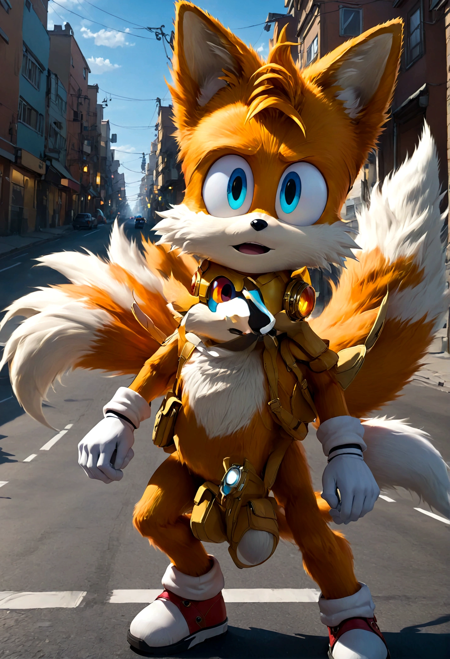 1boy, tails_boom, blue eyes, gloves, animal ears, male focus, white gloves, fox ears, goggles, multiple tails, furry, goggles on, furry male, animal nose, fox boy, streets, town, road, solo, Running readiness, Running towards the viewer, Motion Blur, action-lines, speed-lines, anime screenshot, source_anime, dramatic composition, cinematic dynamic action scene, vibrant colors, cinematic lighting, dramatic lighting, best quality, masterpiece, very aesthetic, perfect composition, intricate details, ultra-detailed