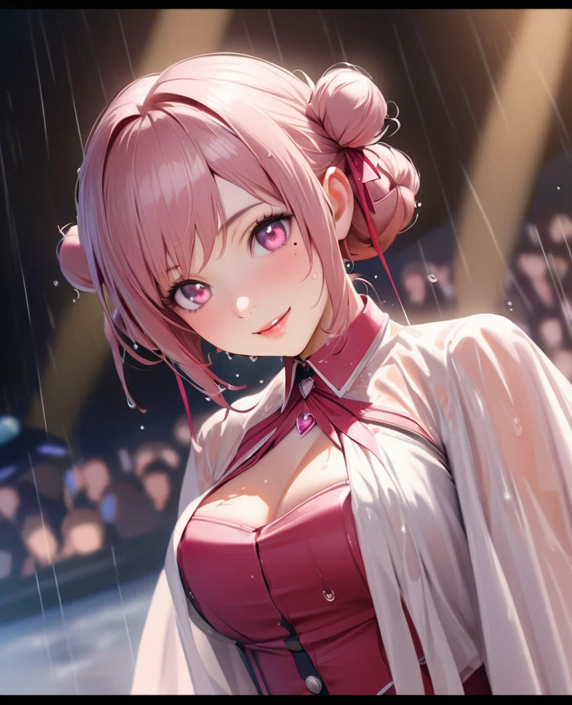 One Girl、Looking at the audience、lovely,
Beautiful pink eyes、Two brown double hair buns , Mole under the eye、Plump and glossy lips、Heart-shaped choca、Idol、Her name is Rico,smile、ー、。.。.。.。.。.。.。.。.。.。.。.。.。.。.。.。.。.。.3D、Realistic、
The idol's costume was soaked in the heavy rain, and her chest was wet and transparent.Heavy rain at outdoor concert, Drape clothes、gem、The decoration has been removed、Floral、Lace trim,On a glittering stage、
masterpiece、highest quality、8k、Detailed skin texture、Detailed cloth texture、Beautifully detailed face、Intricate details、Very detailed、
超A high resolution、8k Ultra HD、Film Grain、Best Shadow、delicate、Gazing at the audience、front