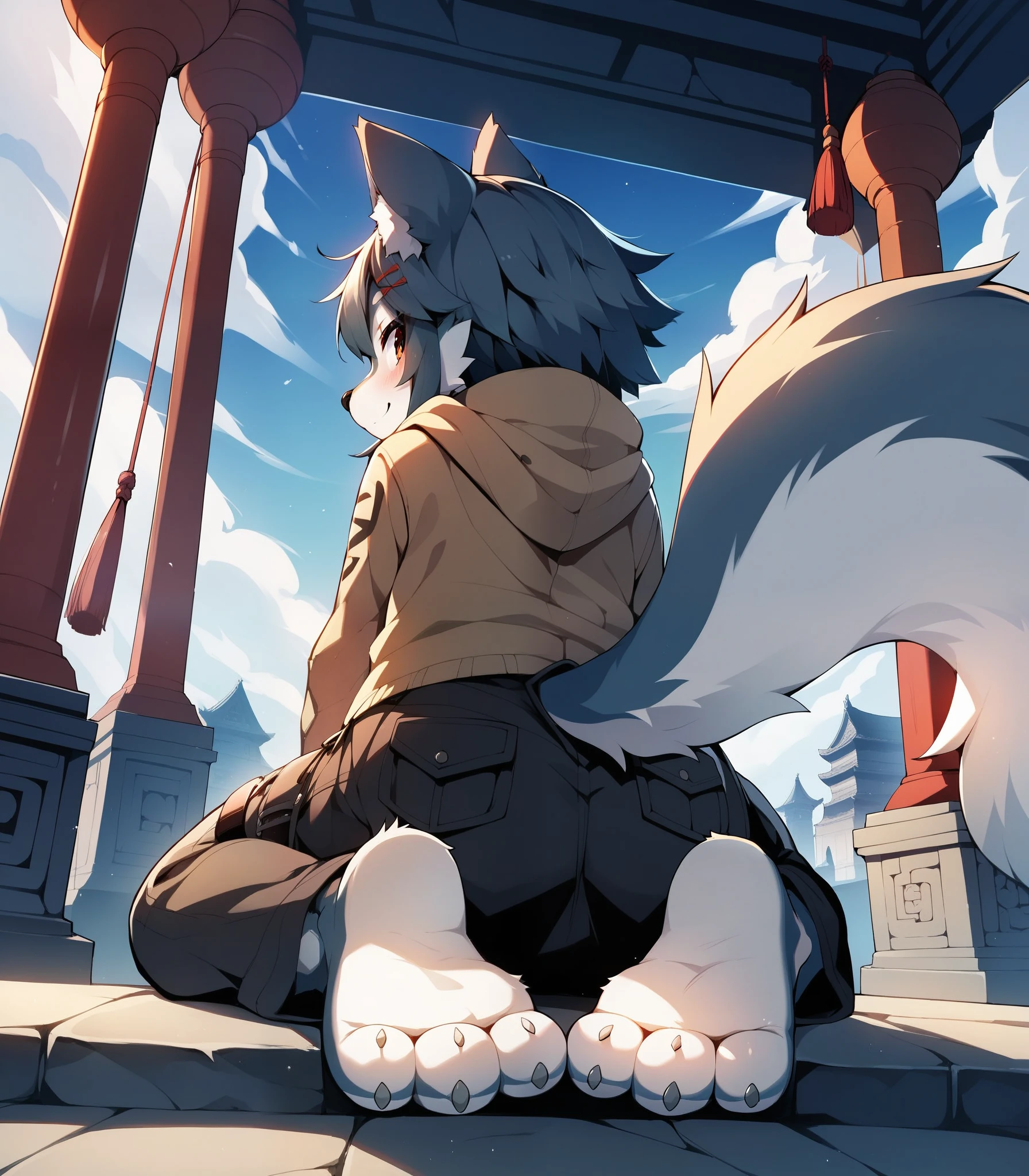 score_9, score_8_up, score_7_up, score_6_up, source_anime, rating_safe, furry female, solo, dagasi_style,, furry, temple, wolf boy, sitting, low view, from behind, soles at spectator, showing soles, grinning, paws, 3 toes, barefoot, paws