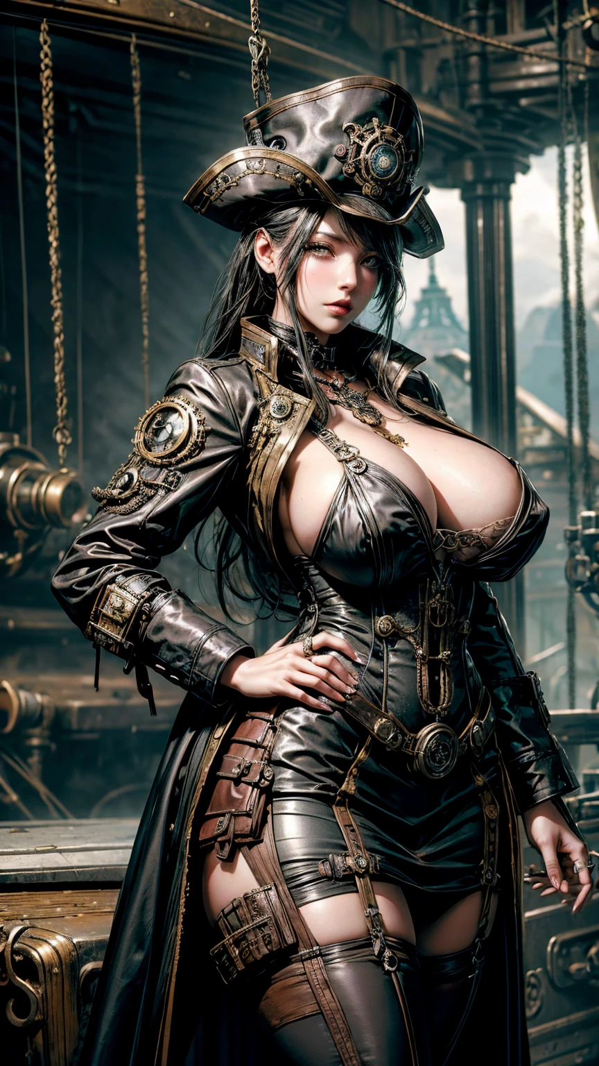 Arafe woman in black and white dress on a boat, by Yang J, steampunk beautiful anime woman, a steampunk beautiful goddess, (Steampunk), ( Steampunk ), pirate clothing, Anime Girl , in detailed steampunk dress, wearing steampunk attire, steampunk fantasy style, ruan jia and artgerm, by Fan Qi, Trending on CGSTATION, trending at cgstation, full body, hands on waist,