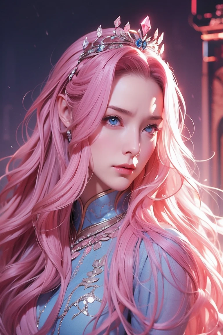 Woman, long wavy hair, pink hair, blue eyes, empress, crown, chin up, thoughtless, serious, serious expression, Authoritarian, elfa,  Medieval setting 